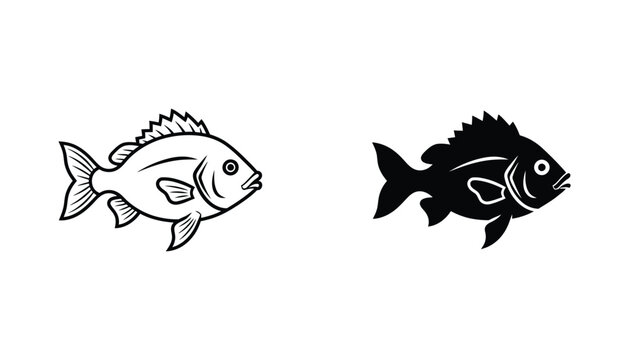 Fish side profile illustration in black and white line art and solid silhouette for fishing logo design