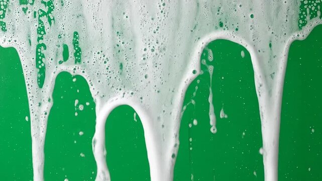 Bubbles and foam cascade down a vibrant green background