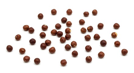Obraz premium 白い背景に散らばった多くの茶色のヘーゼルナッツ、ナッツ、健康的なスナック、食材、俯瞰 hazelnuts nuts brown scattered food desig