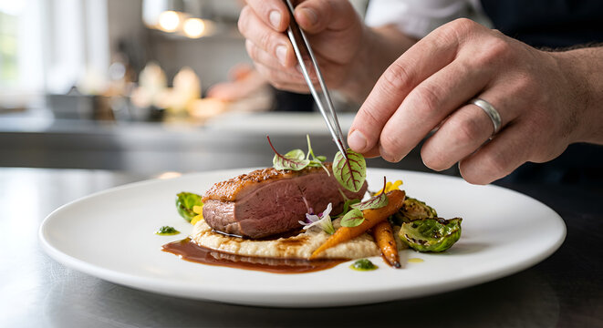 Gourmet chef meticulously garnishing a perfectly cooked meat dish with delicate microgreens and fresh vegetables on a pristine