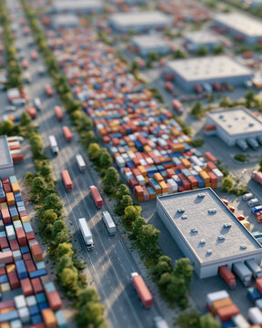 Aerial view of a bustling container port. Cars move through green-lined streets. Stacks of colorful shipping containers dominate the scene. Modern warehouses stand beside busy lanes