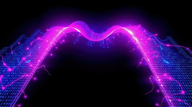 Digital archway glows with vibrant pink light. Binary code cascades down dark background creating futuristic tunnel effect.