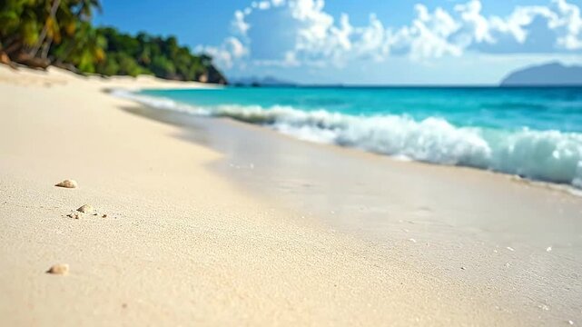 A serene tropical coastline with white sand and clear turquoise ocean waves gently lapping the shore