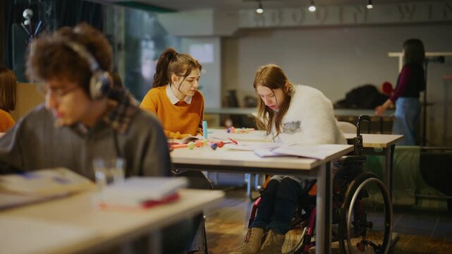Young students collaborate and learn together in a classroom setting. An inclusive group of diverse pupils are engaged in their studies.