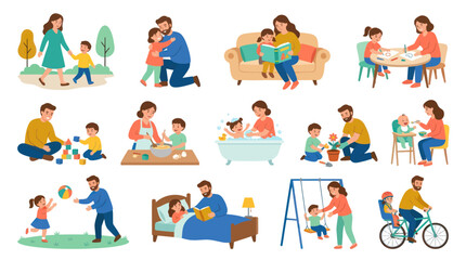Fototapeta premium Happy Family Daily Life: Parents and Children Flat Vector Illustration Collection