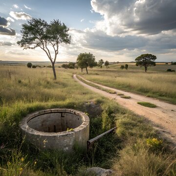 Abandoned Dry Well in Rural Field &ndash; Water Scarcity and Drought Concept