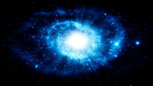 漆黒の深淵で爆発する青い銀河：ビッグバンや超新星を象徴する宇宙素材