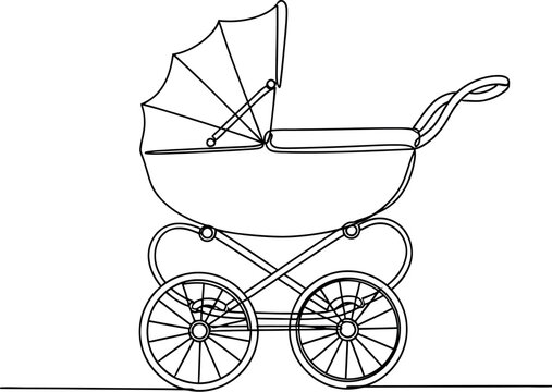 Vintage Baby Carriage Continuous Line Drawing. Minimalist Pram Stroller Art.