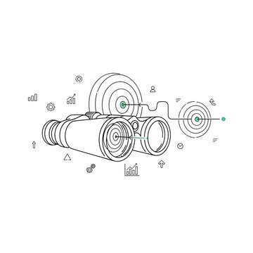 Strategic business planning and goal achievement illustration. Binoculars focus on targets with data analytics, symbolizing clear vision and objective attainment