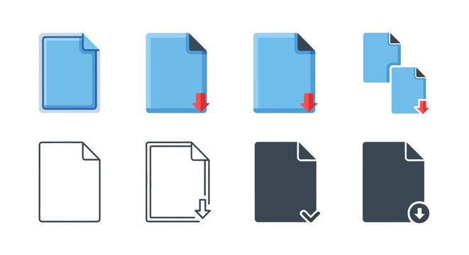 Set of document icons representing various file actions and statuses, including downloads and checks