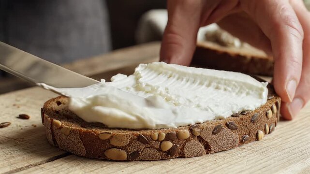 Spreading cream cheese on a slice of healthy seeded whole grain bread