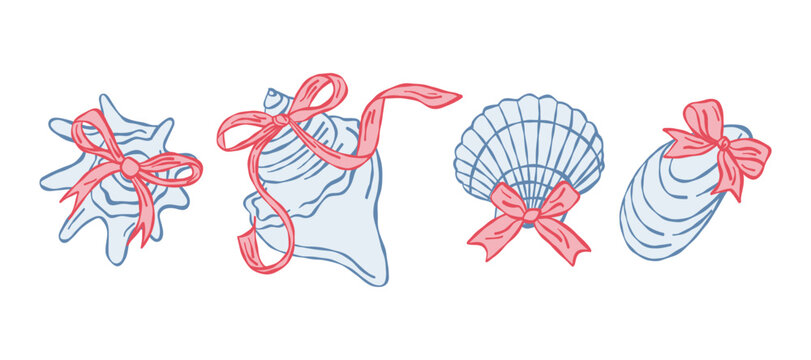 Sea scallop and set shells with pink bows, nautical coquette aesthetic illustration.
