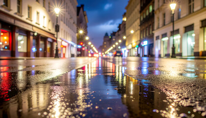 Fototapeta premium Rain soaked urban street at night with glowing reflections.