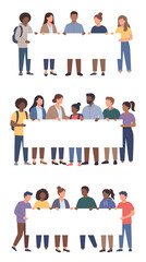 Fototapeta premium Diverse groups of people of various ages and ethnicities holding blank signs together, symbolizing unity and shared messages.