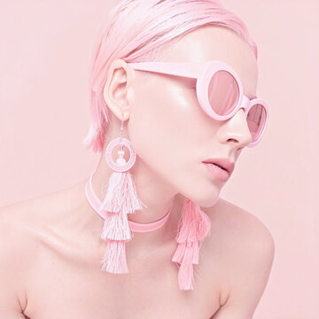 Fashion Beauty Portrait of Young Woman with Pink Hair, Pink Sunglasses and Large Tassel Earrings on Pink Background