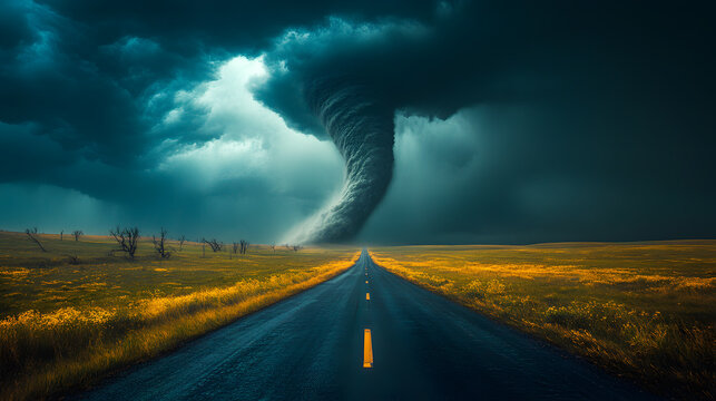 Powerful Twister Crossing a Highway in a Field under a Dark Atmospheric Sky