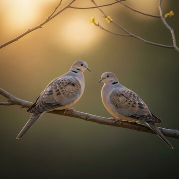 Two mourning doves sitting together on a tree branch during a beautiful golden sunset in the park. 2 turtle doves
 