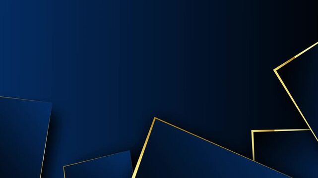 Luxury 4K seamless loop of dark blue geometric shapes with golden edges floating on deep background