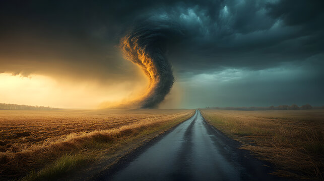 Extreme Weather Event showing a Massive Tornado Vortex during a Severe Thunderstorm
