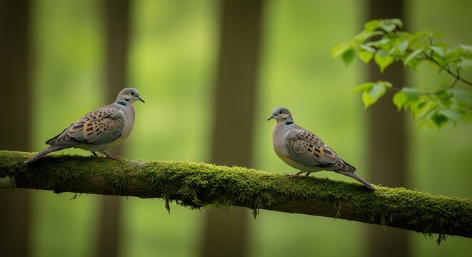 Two collared doves sitting together on a mossy tree branch in a peaceful and green forest setting2 turtle doves
 