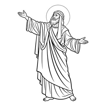 Biblical Prophet with Halo Raising Hands in Prayer or Worship, a Timeless Depiction of Faith and Devotion