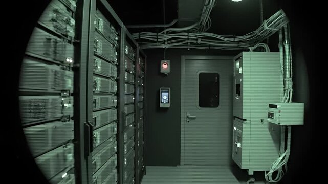 Server Room with Racks of Computers and Cables.