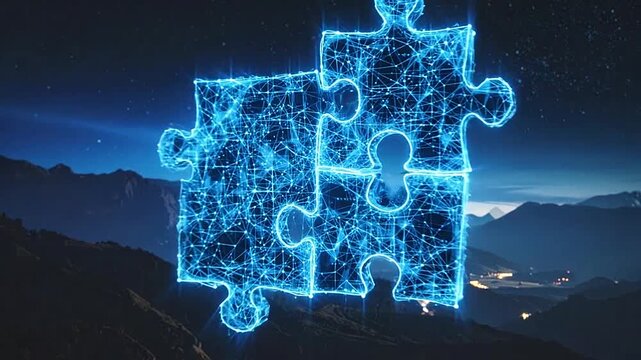 Digital puzzle pieces connect in a futuristic holographic display over a mountain landscape