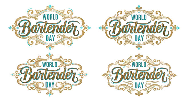 Vintage world bartender day badges with ornate gold and blue designs on white background