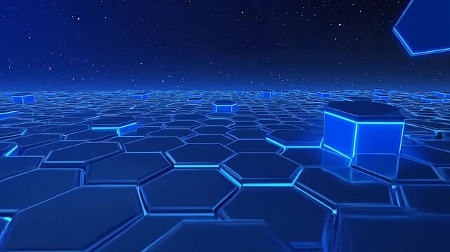 Abstract digital landscape with glowing hexagonal shapes under a starry night sky