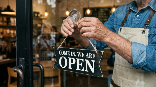Senior shop owner hanging open sign on glass door, small business reopening after lockdown, male cafe worker in apron welcoming customers