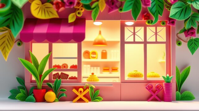 Pink shopfront displays baked goods. Plants decorate exterior. Warm lighting creates inviting atmosphere. Simple, stylized design.