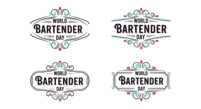 World bartender day labels with elegant swirling designs and colorful accents