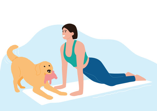 Woman Doing Yoga at Home with Playful Dog, Healthy Lifestyle Flat Illustration