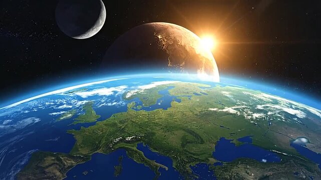 Celestial bodies illuminate the vastness of space with a radiant sun