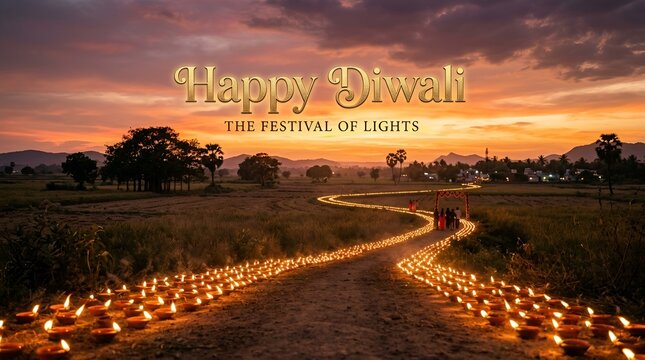 Festive Diwali Candle Lighting Pathway Celebrating Lights Festival with Evening Sky
