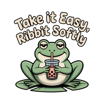 Cute pixel art frog drinking bubble tea with text take it easy ribbit softly isolated on transparent background