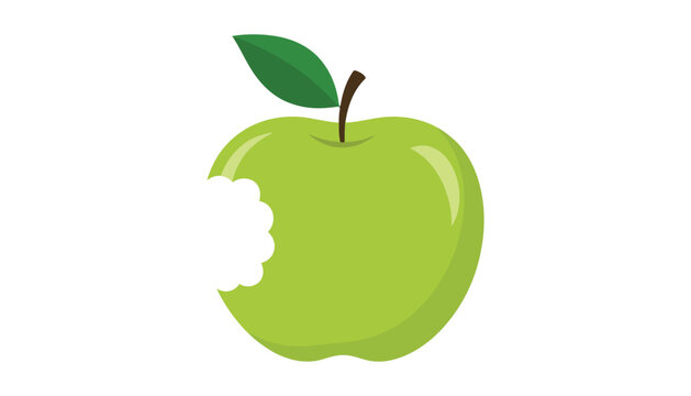 Bitten green apple with leaf and stem bite mark fruit