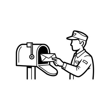 Monochrome graphic of a uniformed postal worker diligently placing a letter into an open residential mailbox, representing essential communication and reliable delivery