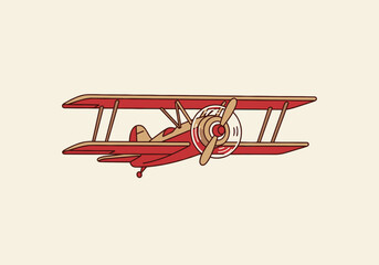 Vintage red biplane illustration flying on neutral background © Joan