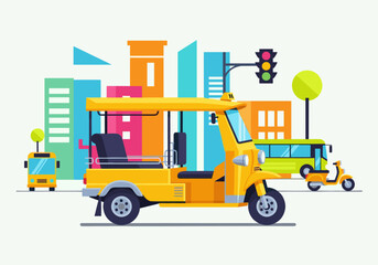 Naklejka premium Yellow auto rickshaw in a colorful stylized city scene