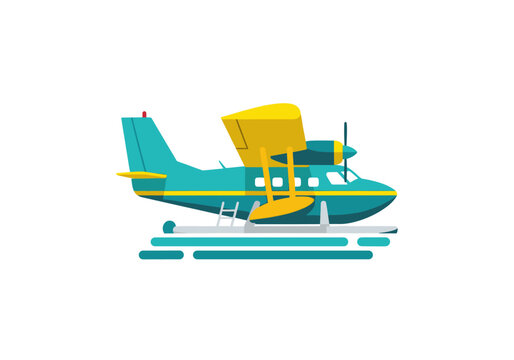 Teal and yellow seaplane floating on water flat illustration