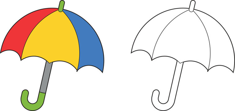 Umbrella Coloring Page with Colored Reference and Outline Drawing. Easy Rainy Day Activity Sheet for Kids, Preschool Worksheets and Early Learning