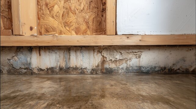 Concrete slab with edge damage and crack at wall junction, showing moisture staining and spall from impact or settlement, repair, patch and foundation stabilization concept.