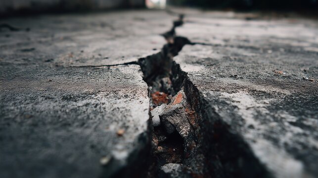 Cracked concrete slab with deep fracture and exposed aggregate indicating slab repair and concrete crash repair need.