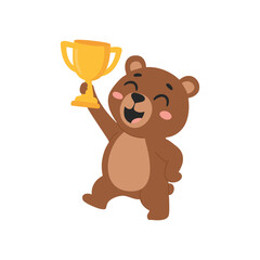Obraz premium Cute cartoon bear holding a golden trophy, animal character vector Illustration