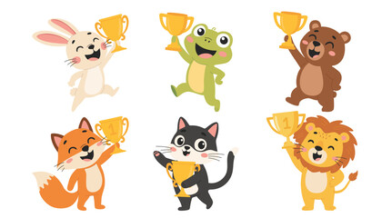 Obraz premium Set of cute cartoon animals winners, rejoice and hold winner's cups. Vector illustration in flat design style.
