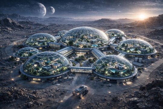 Futuristic Martian Colony with Geodesic Domes and Advanced Infrastructure Under a Starry Sky