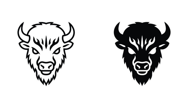 Bison head mascot logo design featuring fierce buffalo with horns in bold black silhouette and crisp outline versions for athletic team branding or rugged outdoor company identity design elements