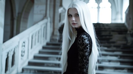Obraz premium Female model with long white hair wearing a black lace dress poses on a grand staircase inside an ornate building with large windows and intricate architecture