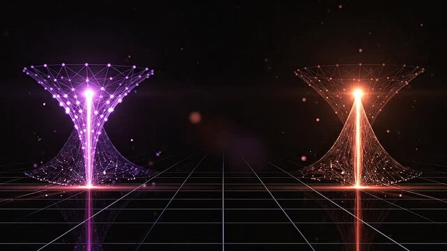 Two glowing digital funnels with interconnected nodes on a grid surface